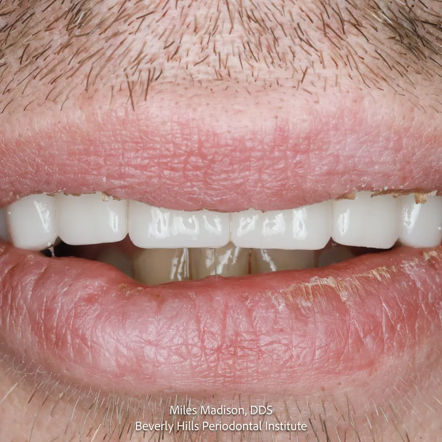 The same patient with a fixed implant-supported full-arch restoration in place, showing an even, uniform upper arch