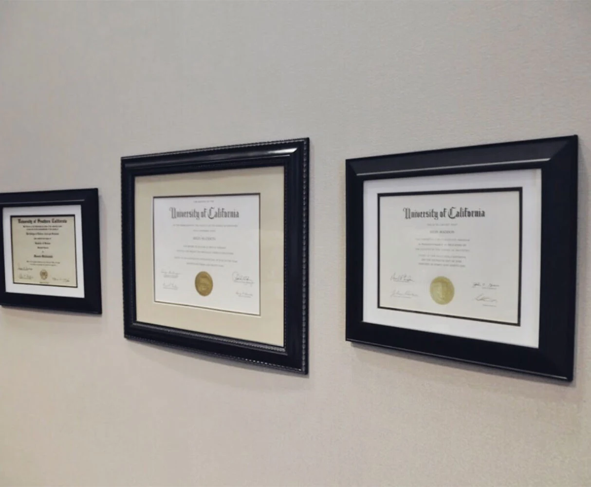 Diplomas and certifications displayed at the Institute